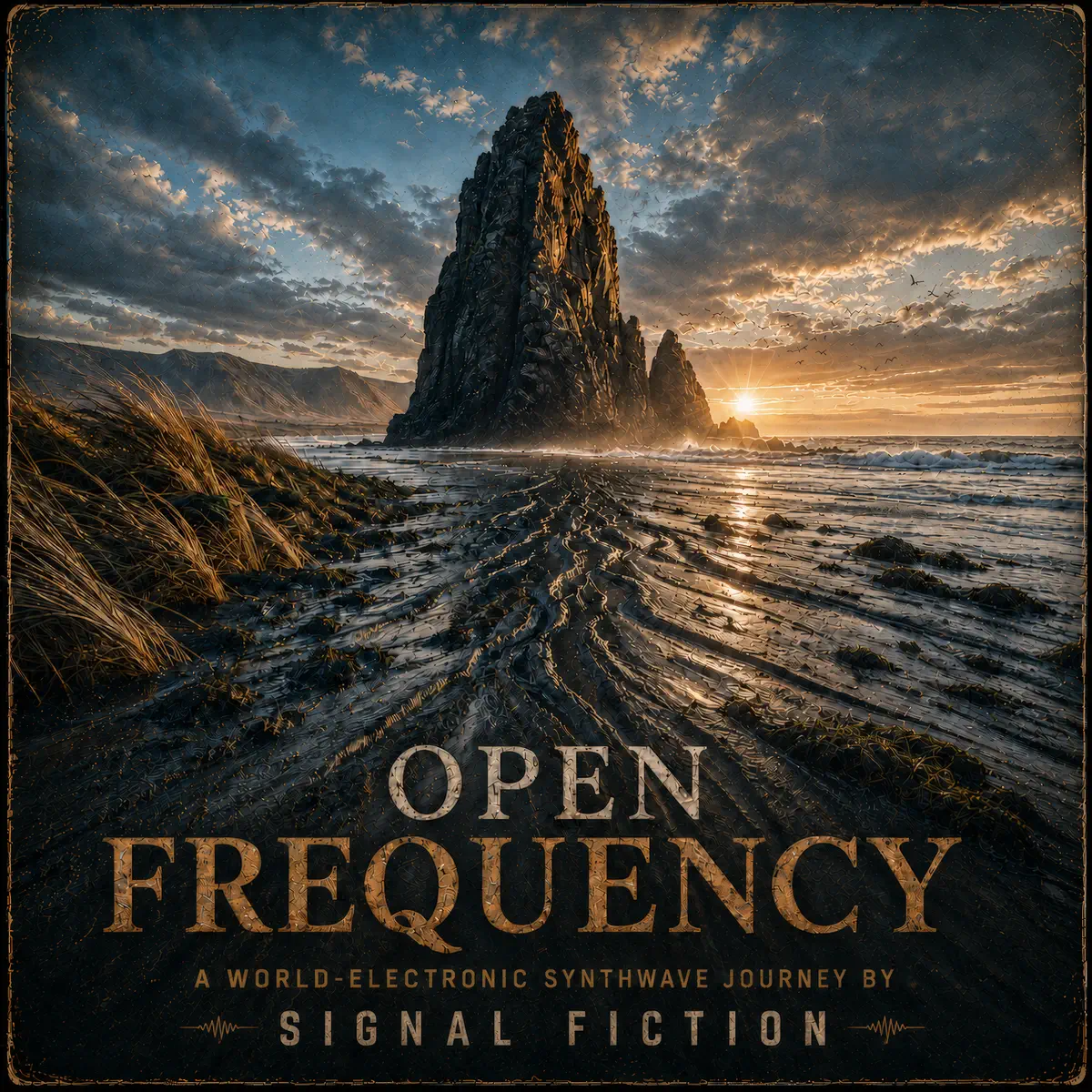Open Frequency cover showing tidal channels converging toward a coastal rock at dawn.