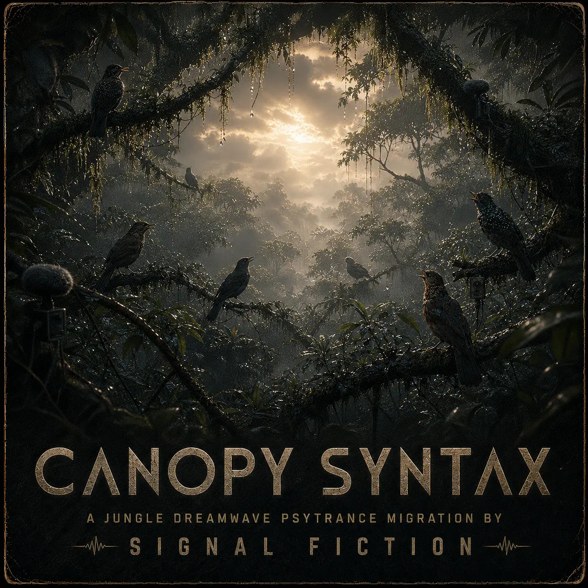 Canopy Syntax cover showing rain-soaked birds and field microphones across a dense forest canopy.