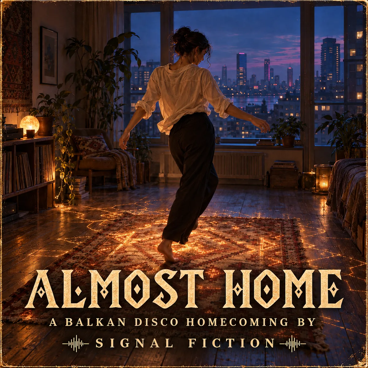 Almost home cover showing a barefoot dancer on a patterned rug in a warmly lit apartment overlooking a city at dusk.