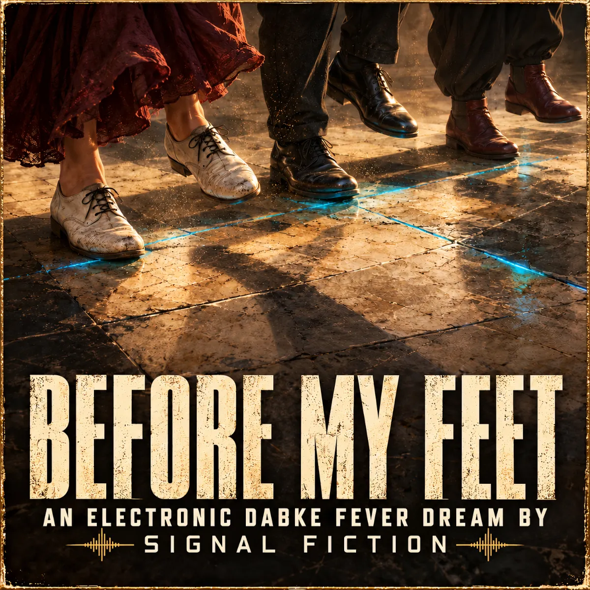 Before my feet cover showing three dancers' shoes above worn tiles, suspended dust and a thin cyan seam of light ahead of their steps.